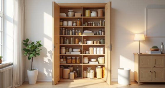 Pantry shelves display colorful canned goods, glass jars, and cardboard boxes arranged at varying heights.