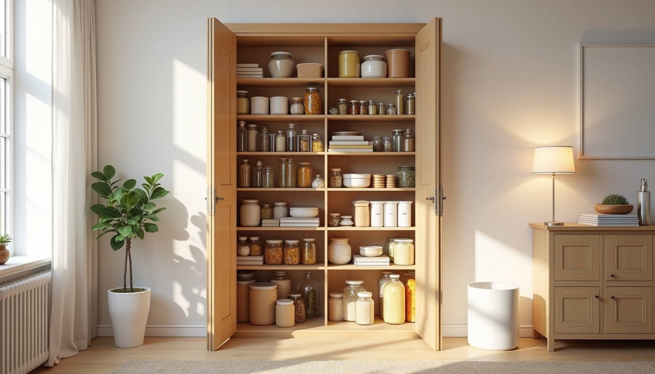 Pantry shelves display colorful canned goods, glass jars, and cardboard boxes arranged at varying heights.