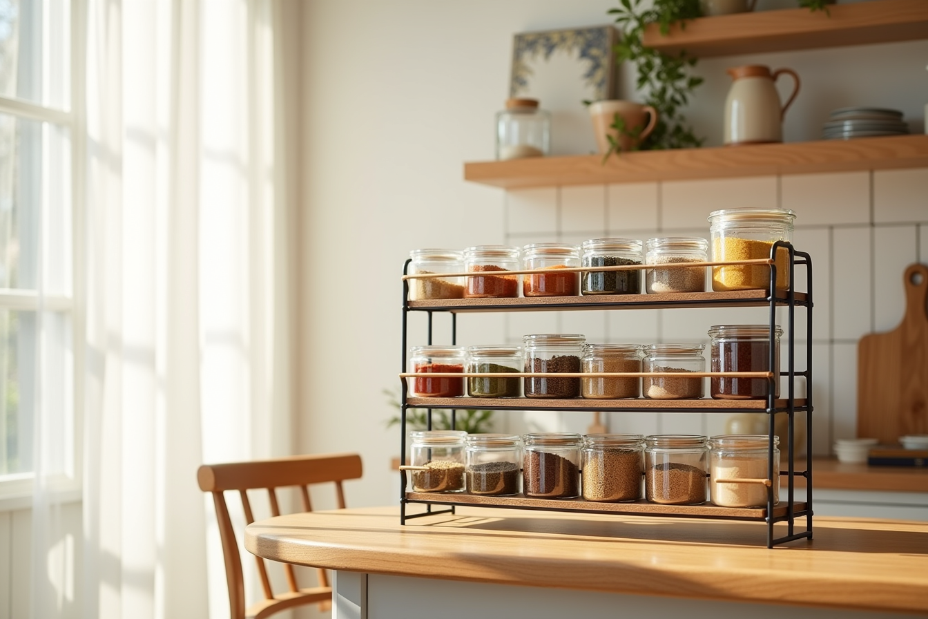 Three-tier metal stand displays rows of spice containers and small jars across narrow shelves.
