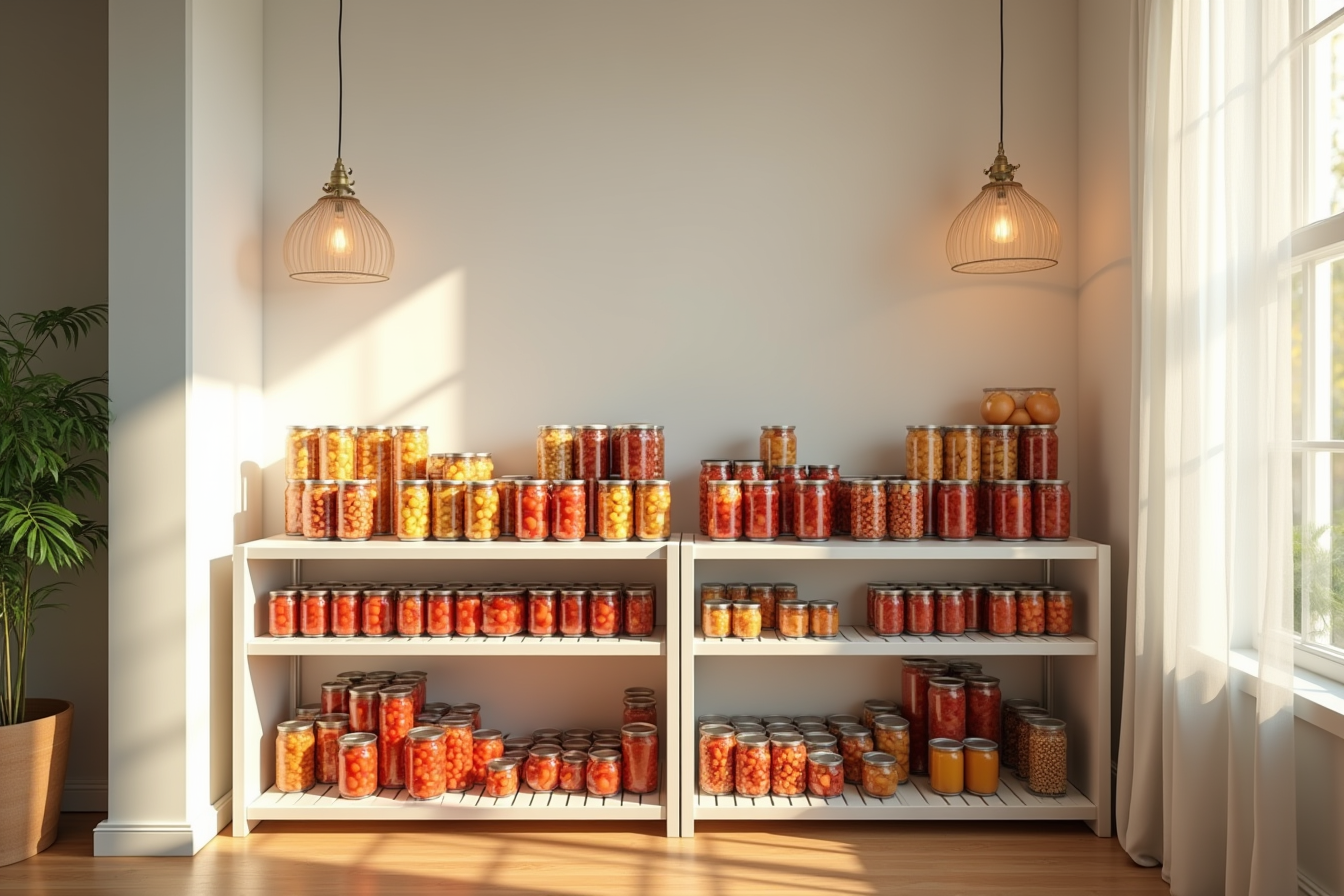 Tiered plastic organizer displays canned tomatoes, beans, and vegetables in stepped rows with labels facing forward.