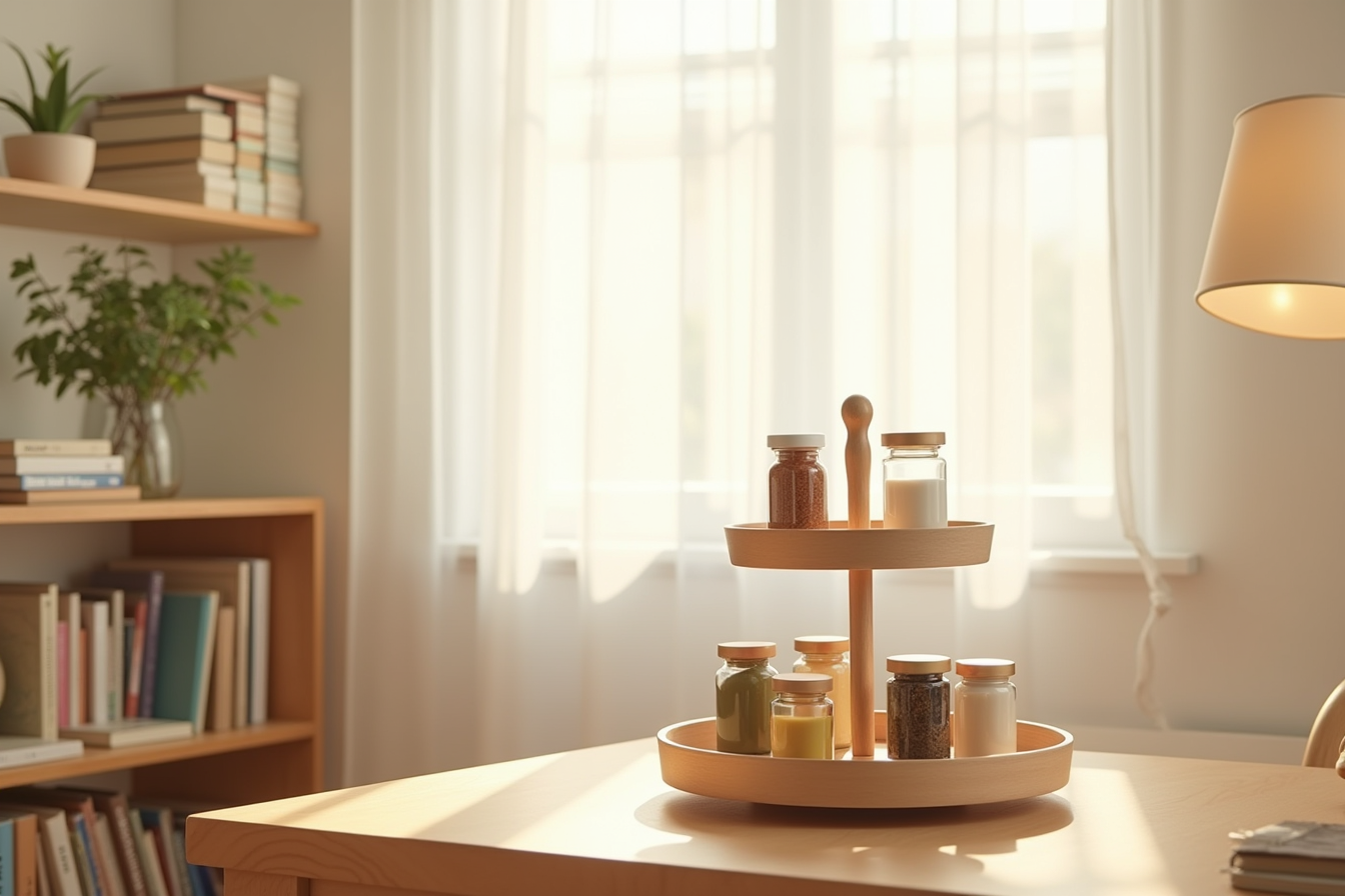 Two-tier rotating tray holds spice jars, vitamin bottles, and condiment jars on stacked circular levels.