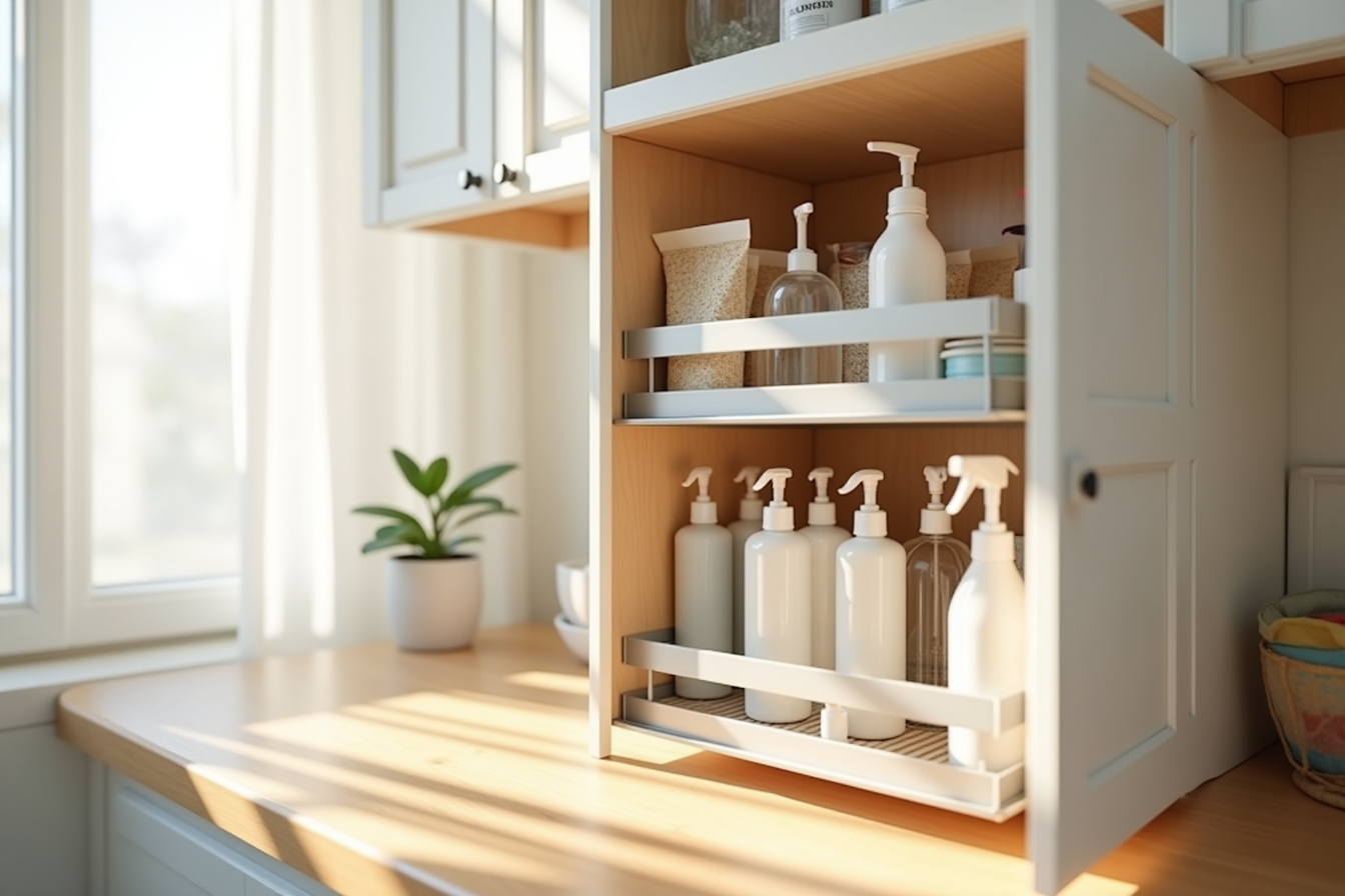 Two-shelf metal organizer under a cabinet holds cleaning bottles, dish soap, and various packets.