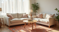 Overhead view of a rust and lagoon patterned rug with a cream sofa corner, wooden coffee table, and throw pillows in a