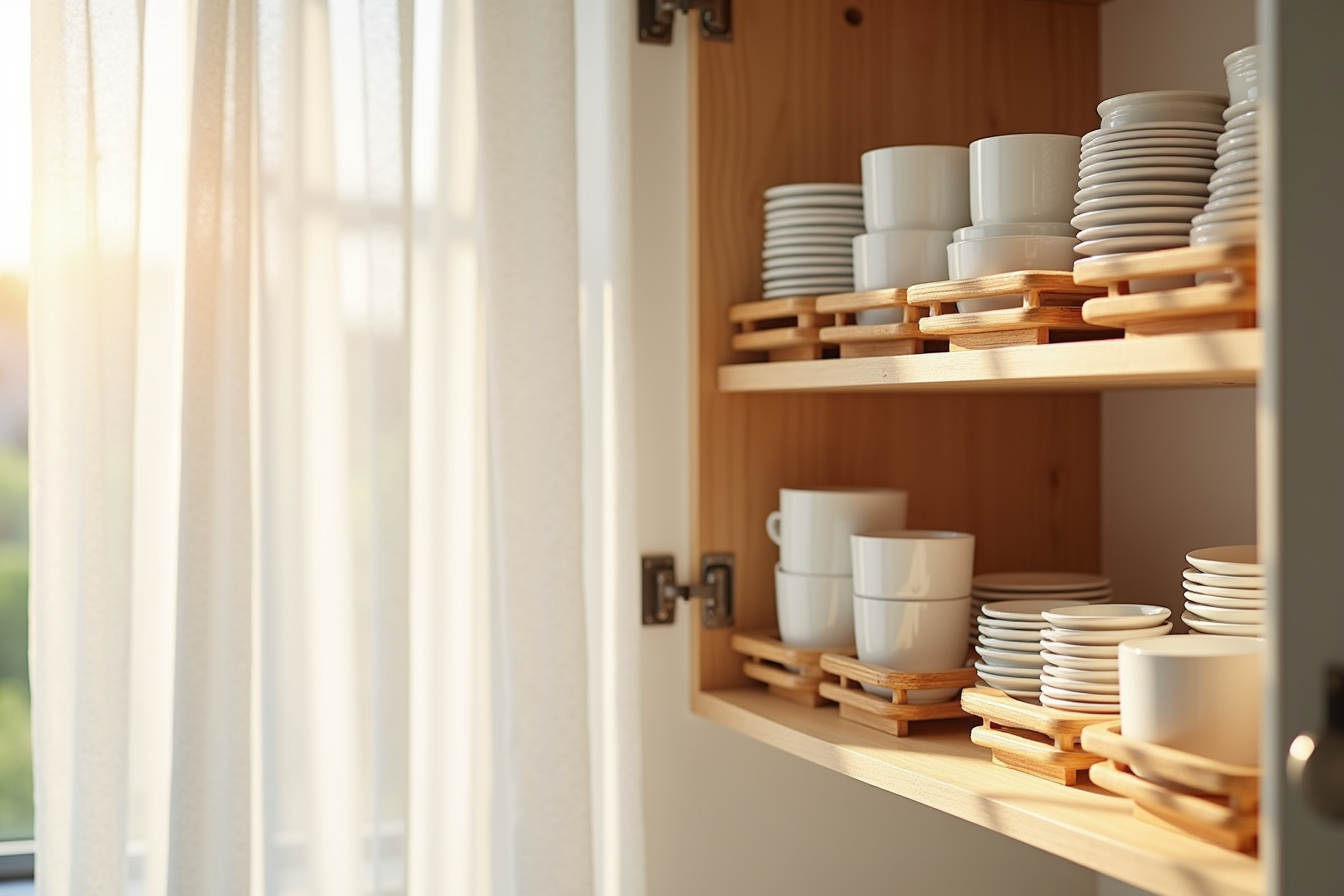 Three wooden shelf risers in a row, each displaying stacked ceramic cups, spice containers, and plates with matching wood