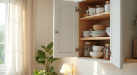 Open cabinet shelf packed with misaligned ceramic mugs, glass bowls, and jars taking up limited space inefficiently.