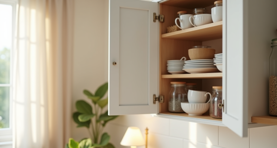 Open cabinet shelf packed with misaligned ceramic mugs, glass bowls, and jars taking up limited space inefficiently.