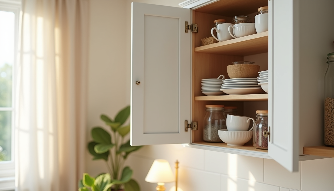 Open cabinet shelf packed with misaligned ceramic mugs, glass bowls, and jars taking up limited space inefficiently.