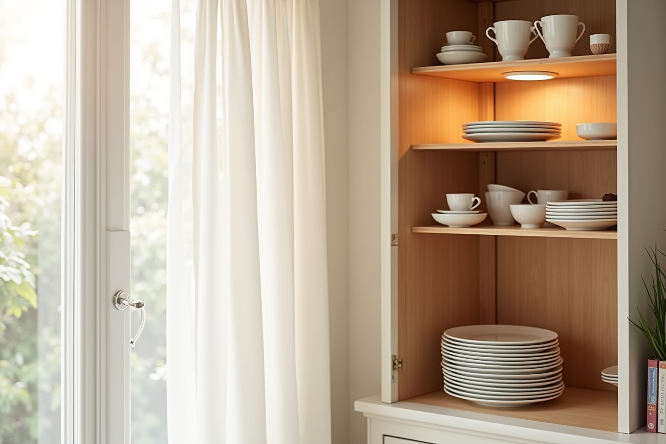 Multi-tiered bamboo organizer in a corner cabinet holding stacked bowls, plates, and mugs across ascending levels.