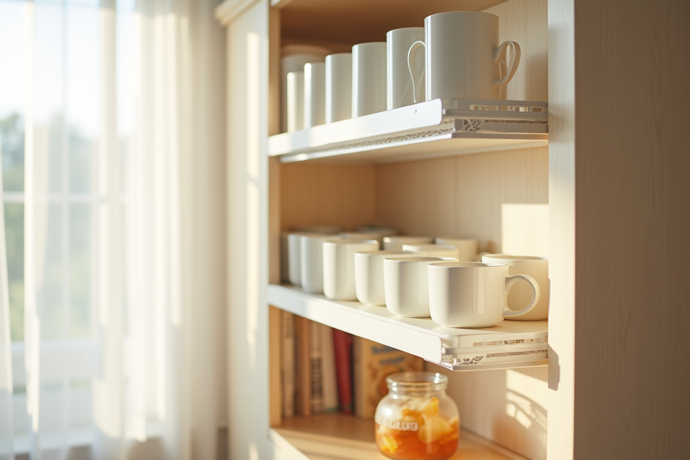 Two-tier clear plastic shelf riser holding coffee mugs on top and glass bowls below inside a cabinet.