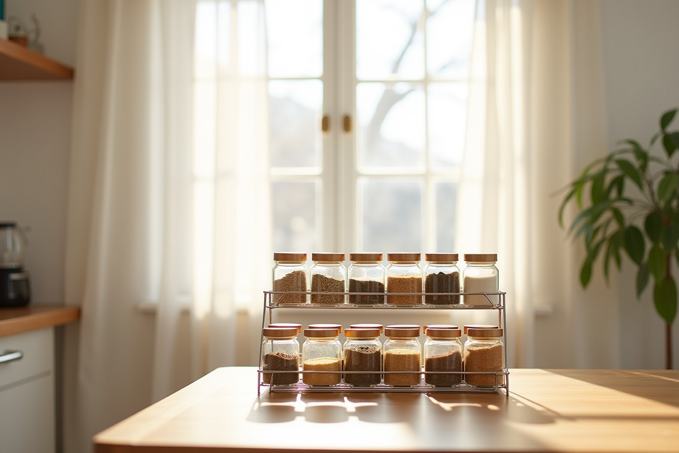 Three-tier metal spice rack displaying rows of uniform spice jars, extract bottles, and small containers by height.