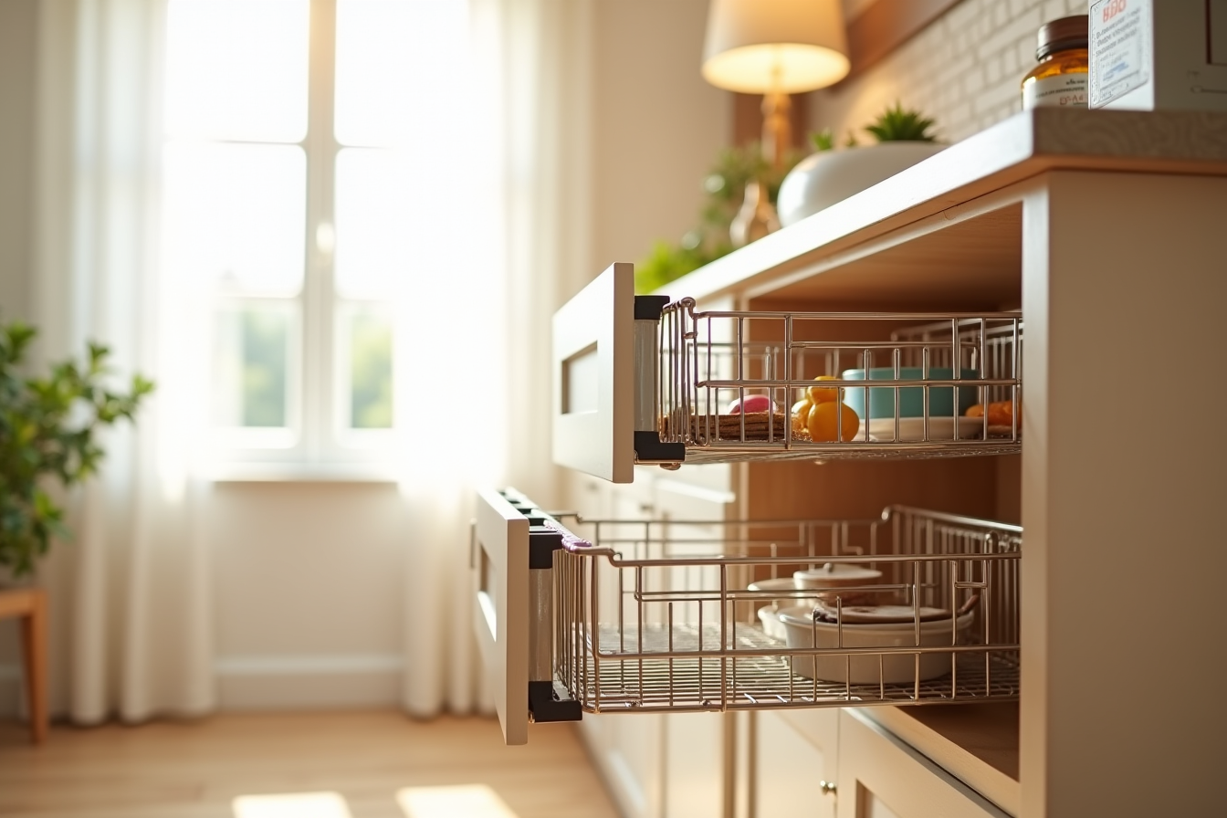 Two stacked sliding wire baskets in a lower cabinet with the front basket partially extended showing storage items.