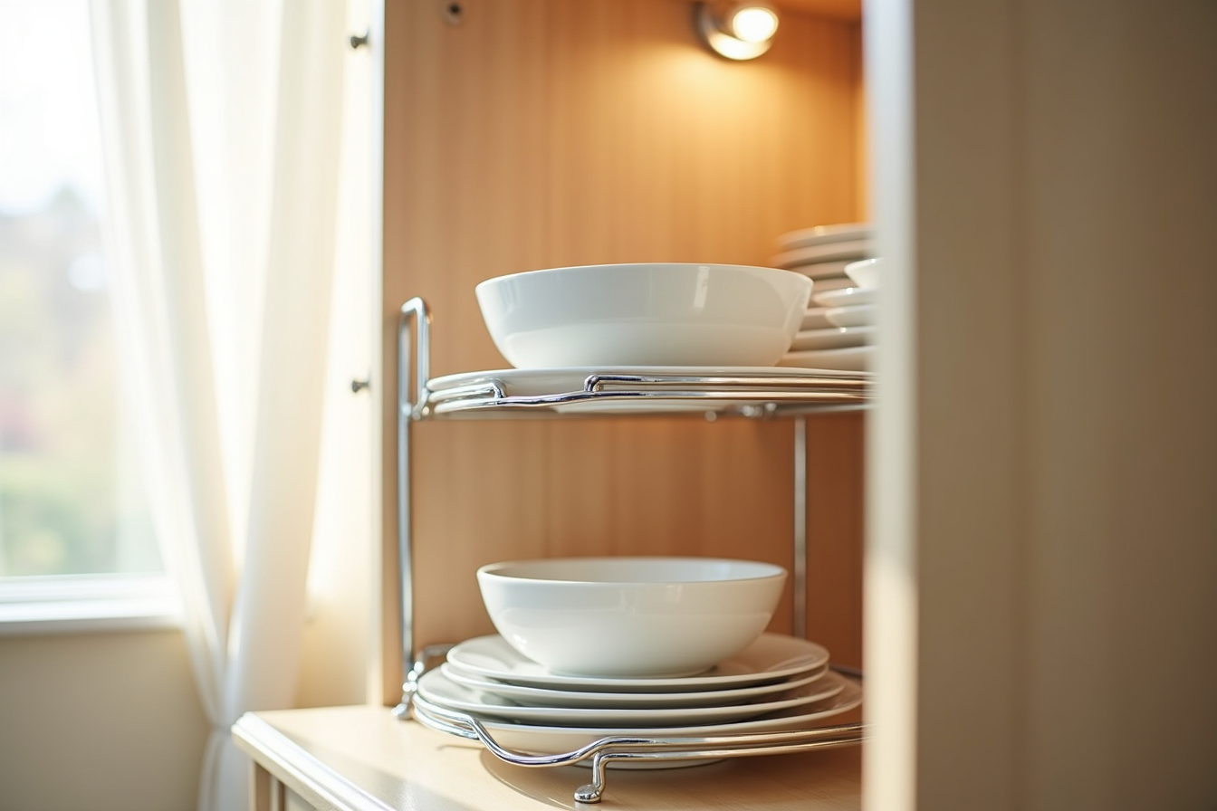 Stainless steel two-tier riser holding dinner plates on the bottom and soup bowls on top inside a cabinet.