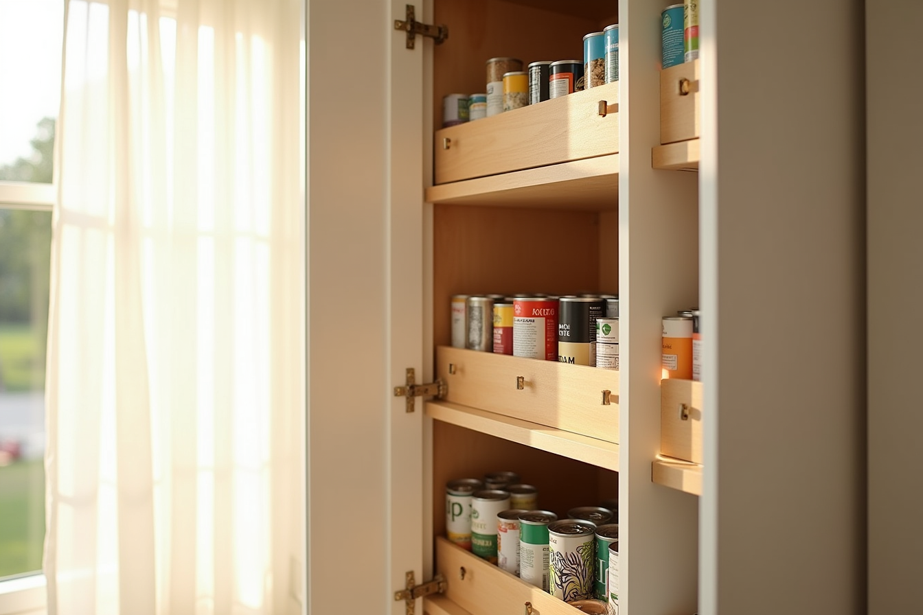 Three-tier stepped organizer in a pantry cabinet holding labeled canned goods arranged on ascending levels.