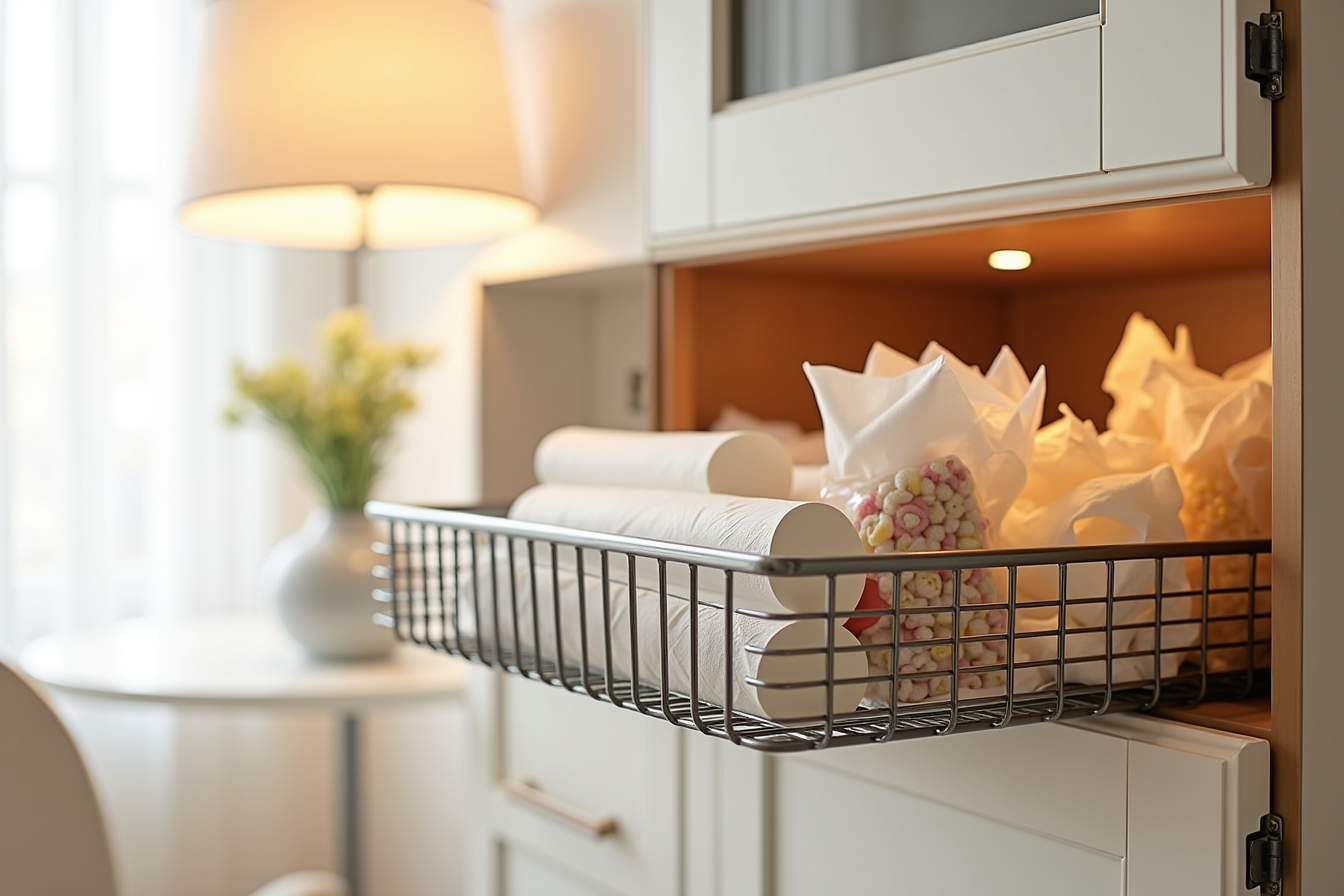 Extended wire basket under a cabinet shelf containing rolled paper napkins, plastic wrap boxes, and snack packages.