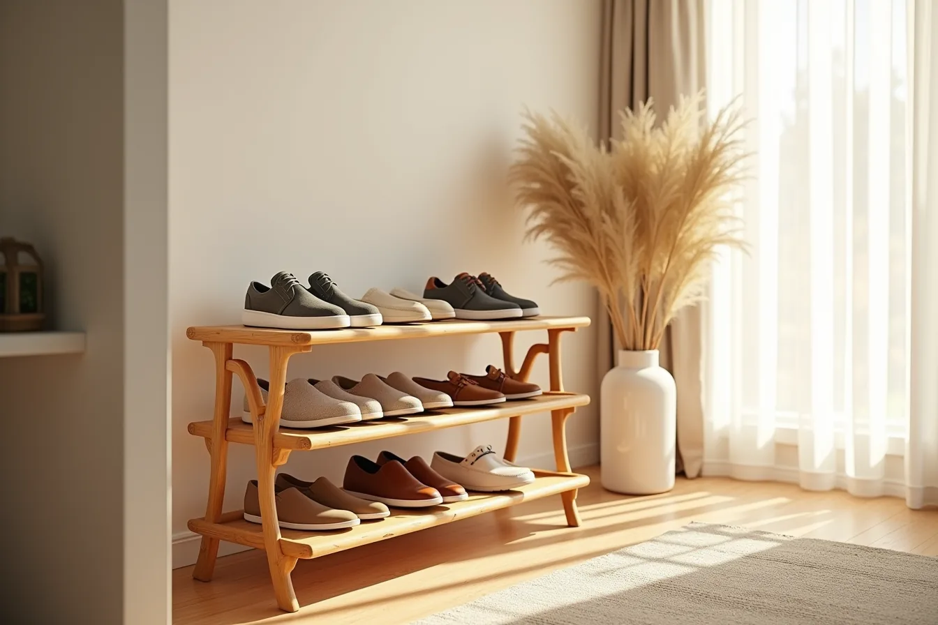 Natural bamboo three-tier shoe rack displaying sneakers, loafers, and sandals on each level.