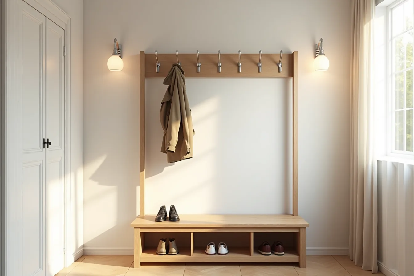 Tall coat rack with multiple hooks, lower shoe shelf, and attached bench seat in mudroom.