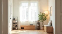 Five different shoe organizers lined up in an entryway corner, each holding shoes.