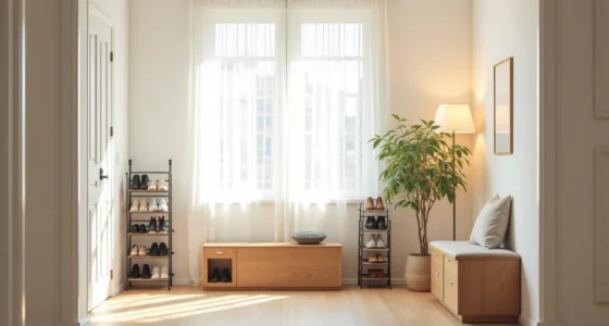 Five different shoe organizers lined up in an entryway corner, each holding shoes.