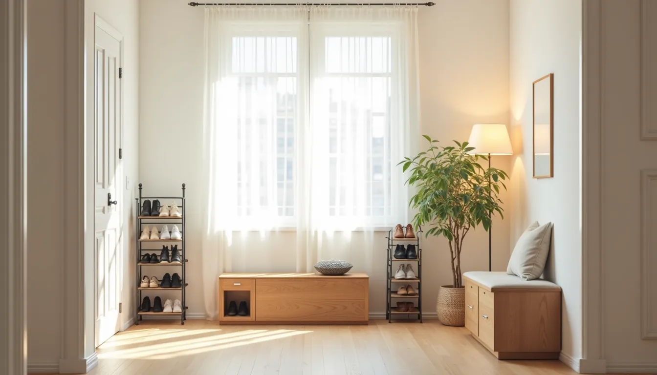 Five different shoe organizers lined up in an entryway corner, each holding shoes.