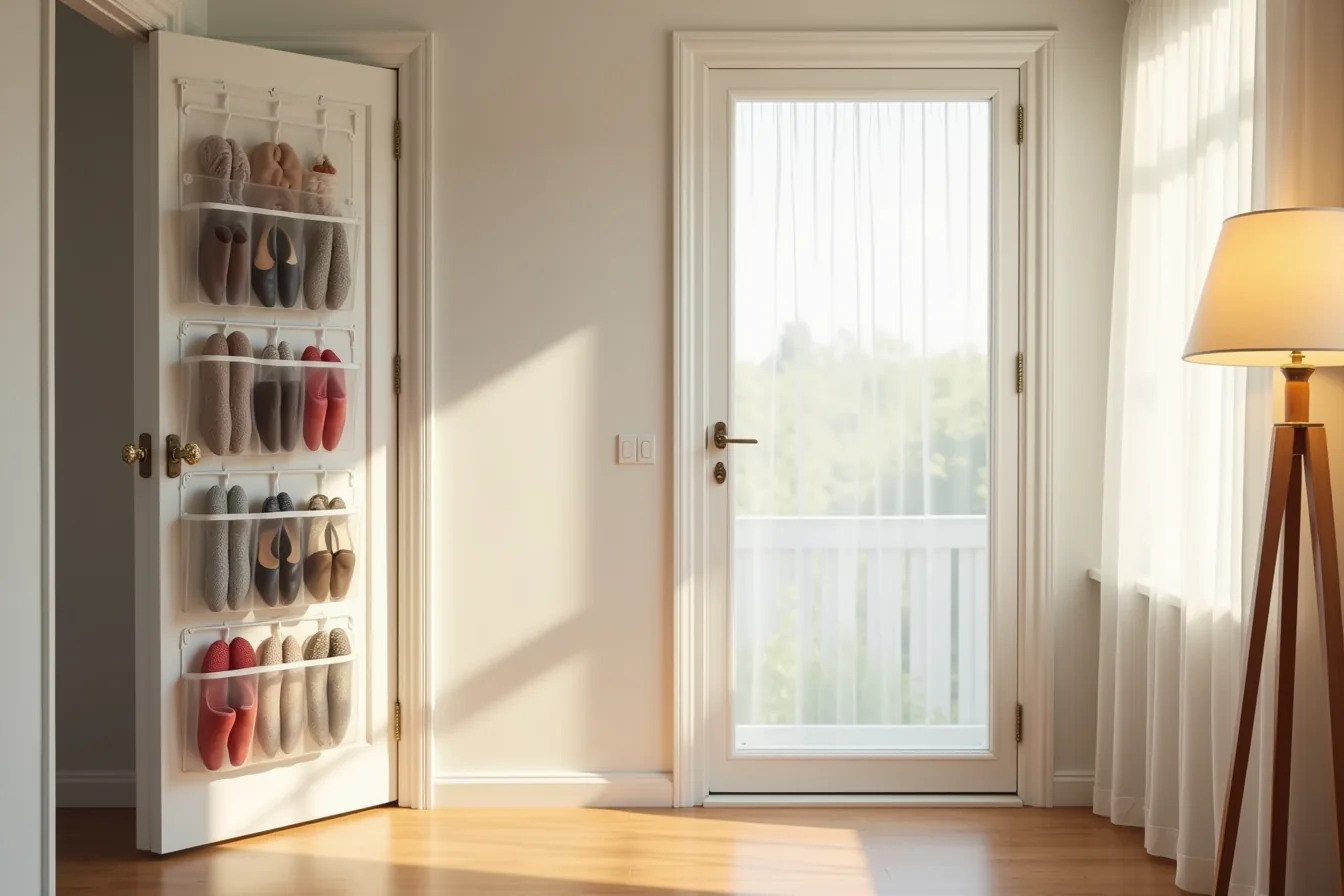 Clear plastic over-the-door organizer with multiple pockets filled with shoes hanging on entryway door.
