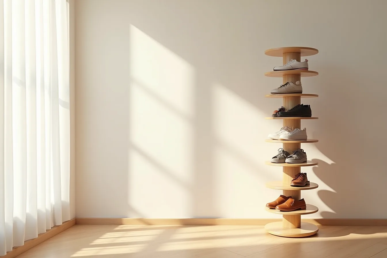 Tall rotating cylindrical shoe tower with seven tiers holding low-profile shoes visible around circumference.