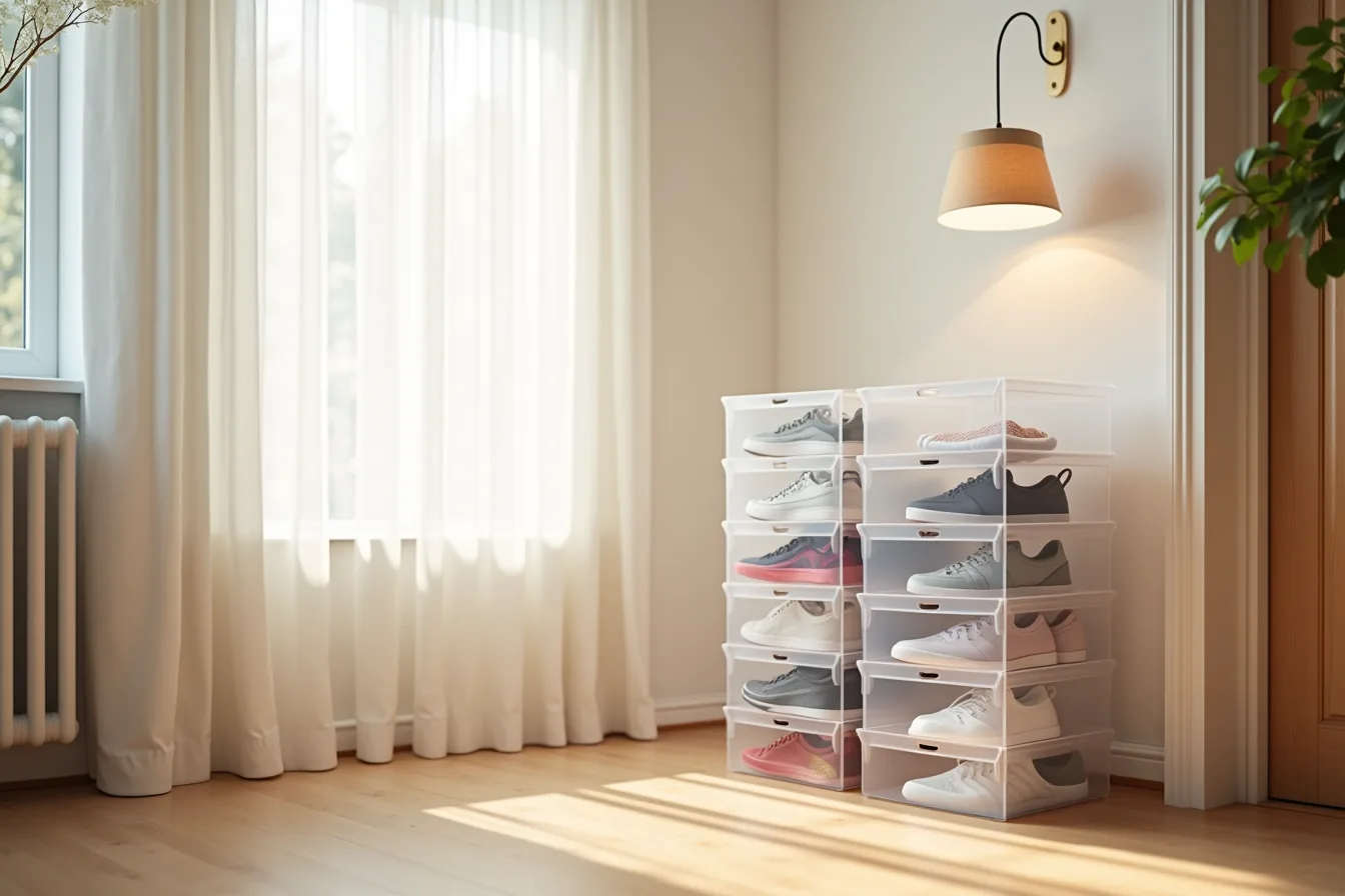 Clear plastic stackable shoe boxes stacked in corner with sneakers visible inside each box.