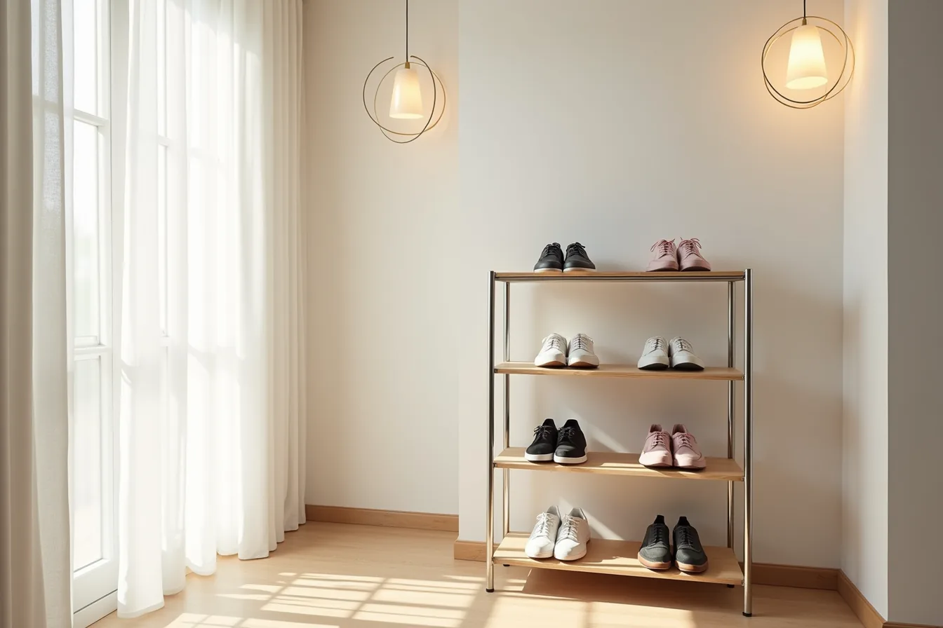 Stainless steel shoe rack with four pairs of shoes in different styles on open shelves.