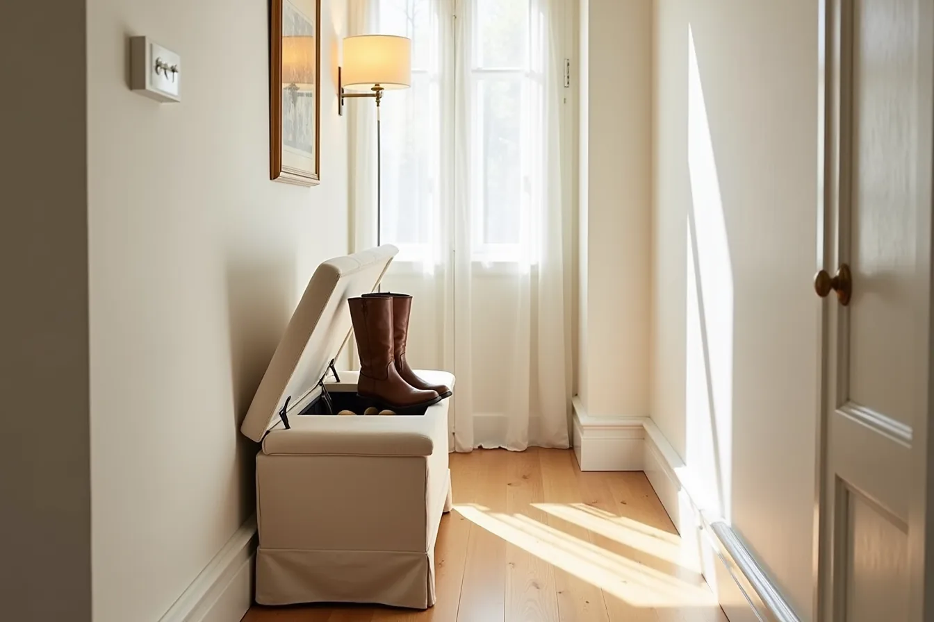 Upholstered storage bench with open lid exposing shoe compartment and boots on top.