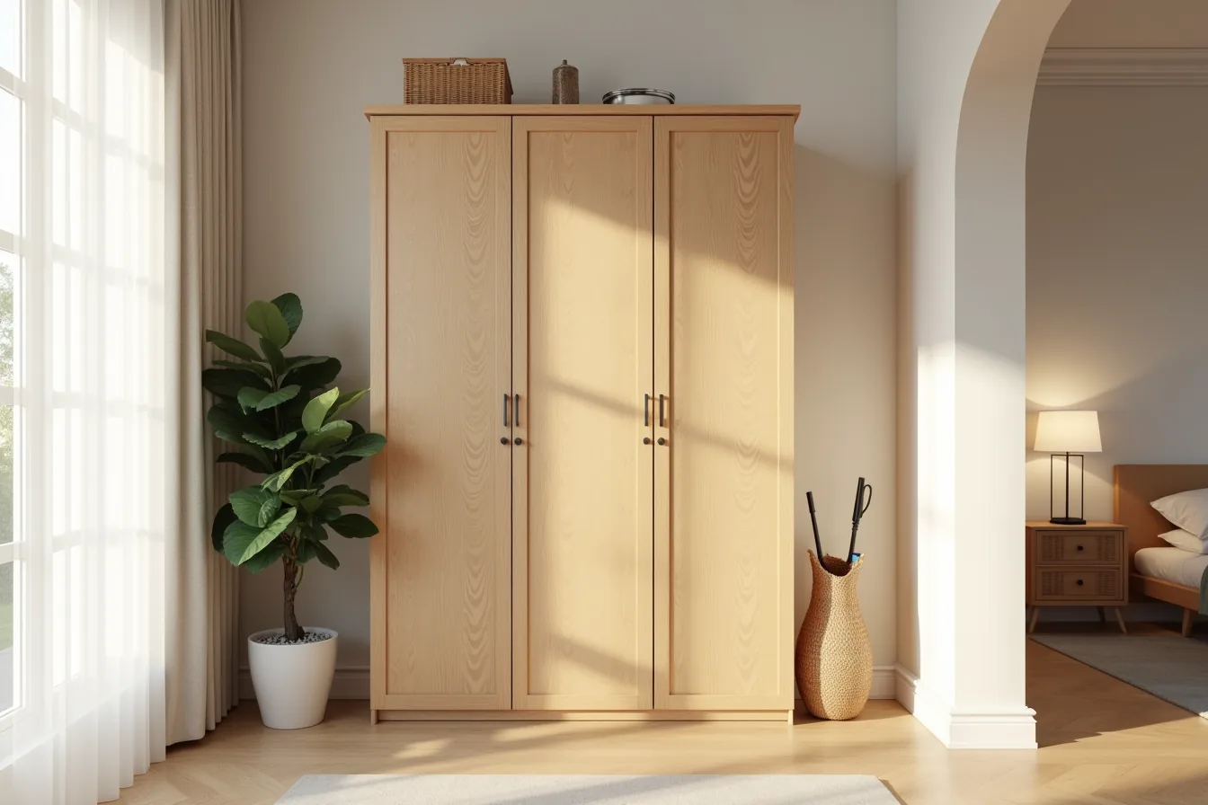 Wooden shoe cabinet with closed hinged doors, flanked by a potted plant and umbrella stand.