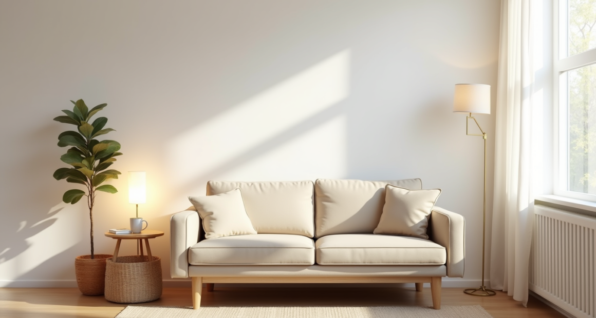 Beige loveseat against white wall with side table, mug, and woven basket in corner, viewed from above.