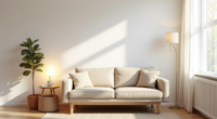 Beige loveseat against white wall with side table, mug, and woven basket in corner, viewed from above.