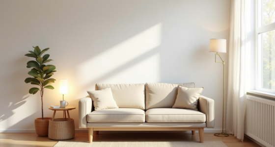 Beige loveseat against white wall with side table, mug, and woven basket in corner, viewed from above.