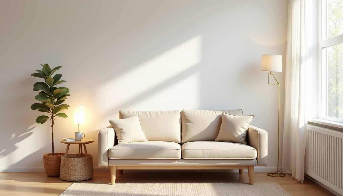 Beige loveseat against white wall with side table, mug, and woven basket in corner, viewed from above.