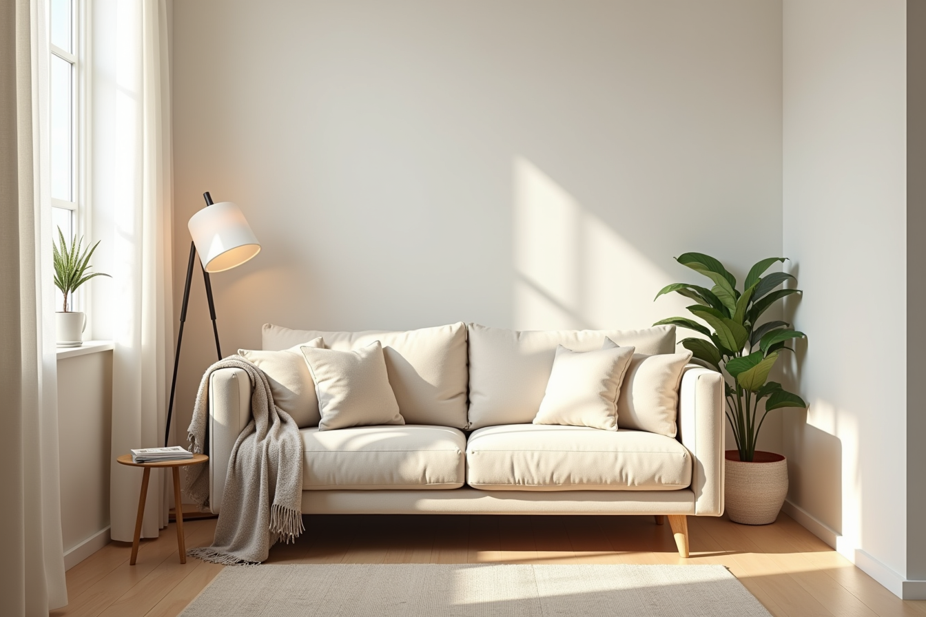 Beige loveseat with throw blanket on arm, potted plant on shelf behind, in narrow room.