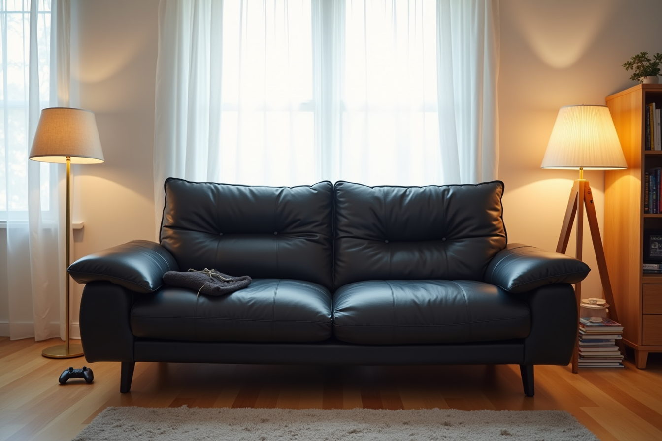 Black faux leather futon partially reclined with removable armrests, gaming controller on seat.