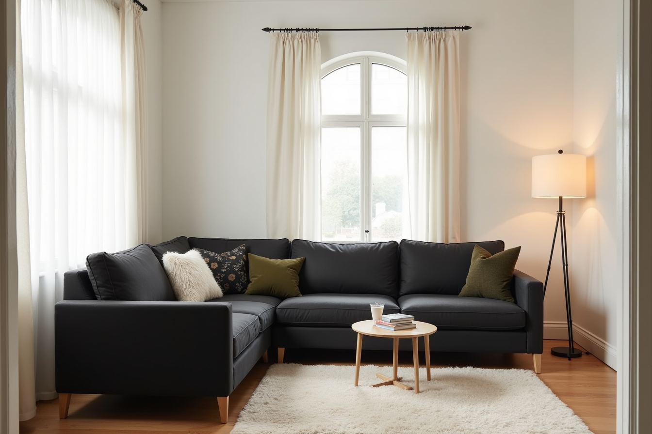 Black linen three-seat sectional with extended reversible chaise, decorative pillow, and metal floor lamp.