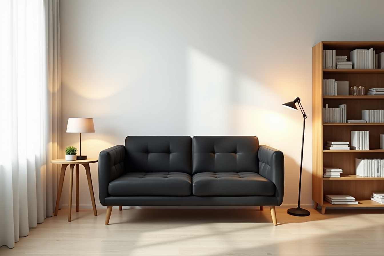 Black tufted loveseat with wooden legs, side table with desk lamp, and bookshelf in studio corner.