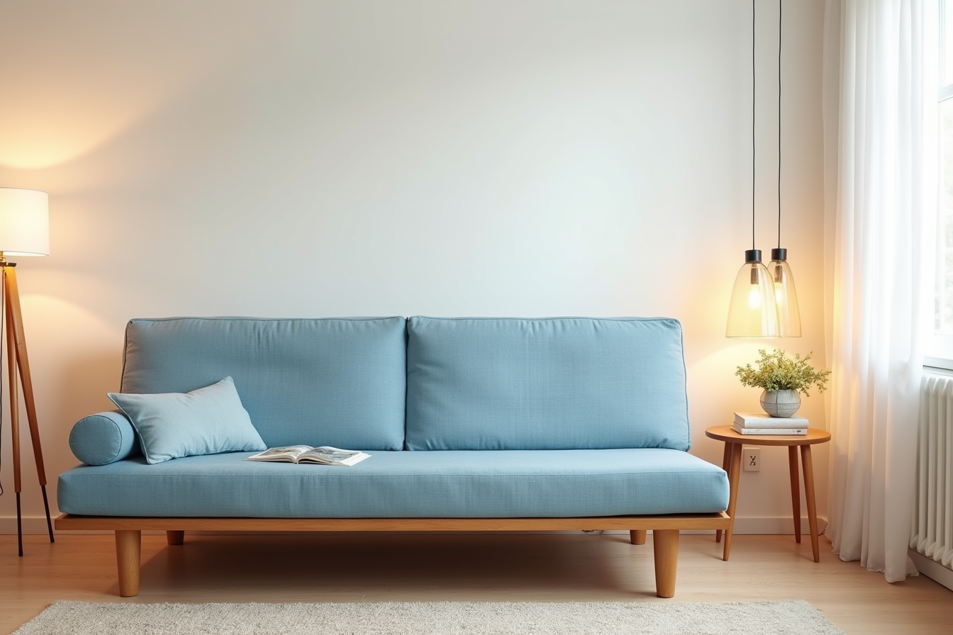 Blue linen futon with wooden legs and throw pillow, retro side table nearby, mid-century style.