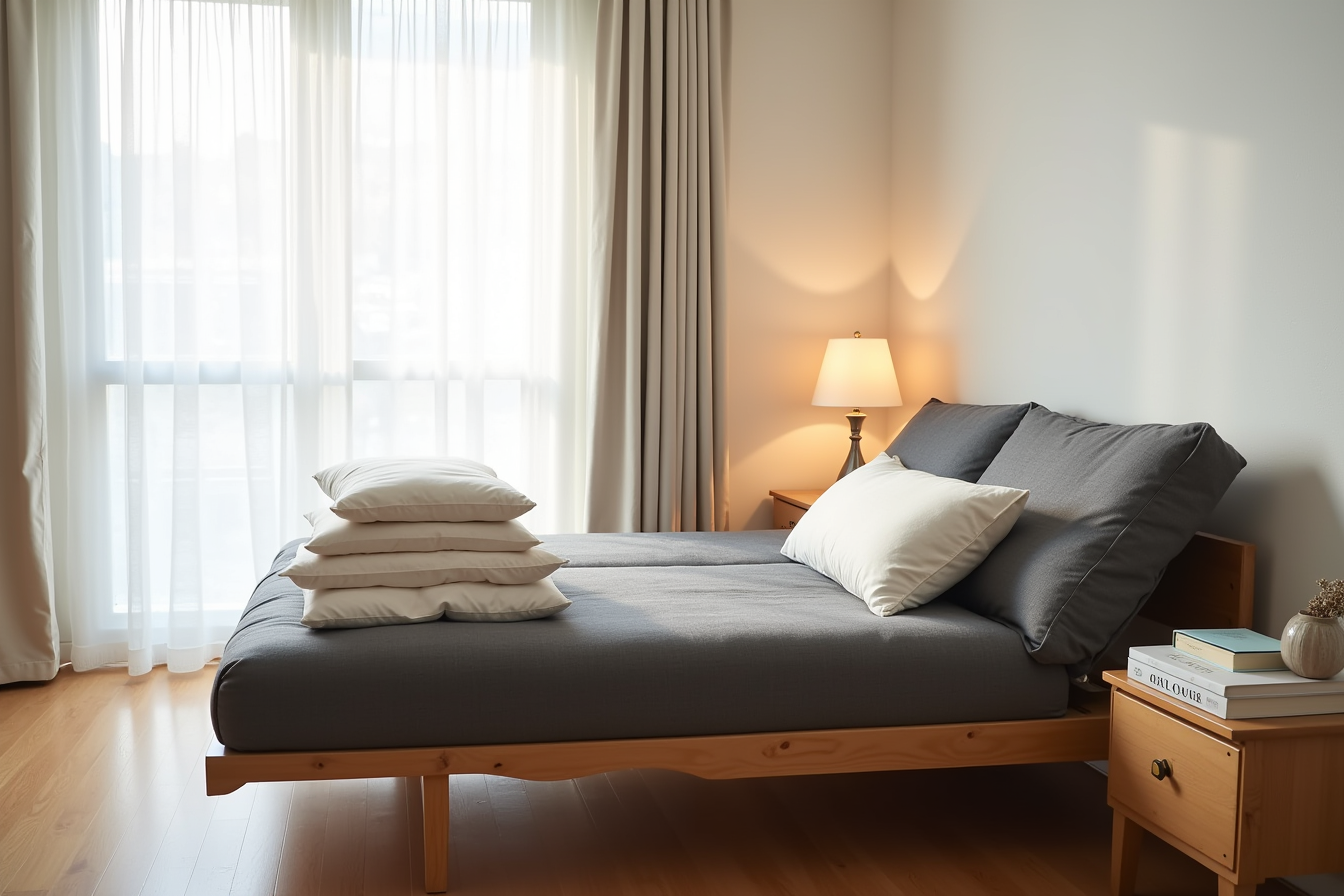 Charcoal futon partially reclined with pillow and folded bedding, nightstand beside, low angle view.