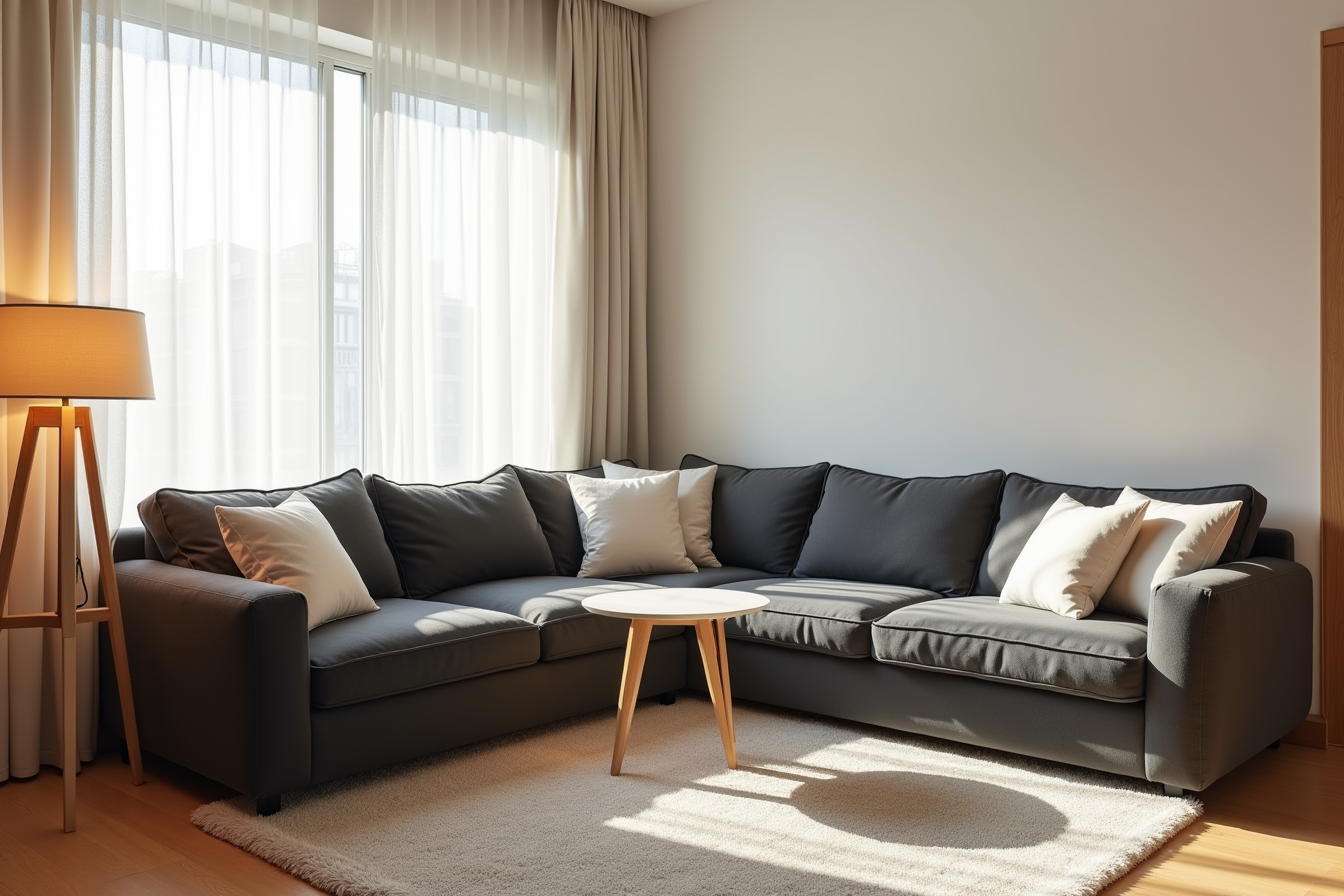 Dark gray L-shaped sectional in corner with arranged cushions, low-profile table, and anchoring rug.