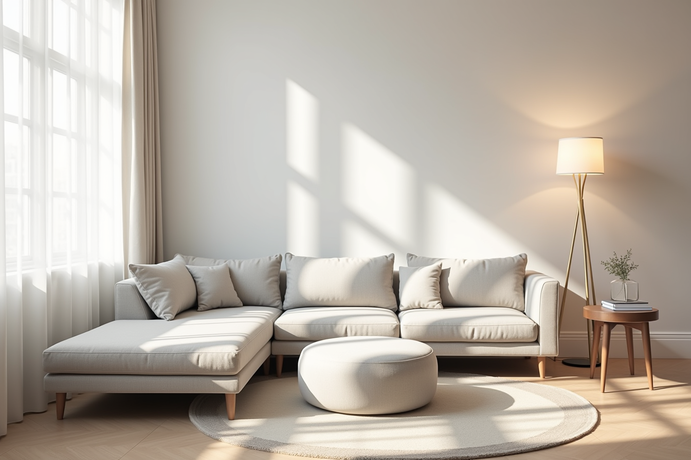 Light gray L-shaped sectional with reversible ottoman bench, floor lamp, and corner coffee table.