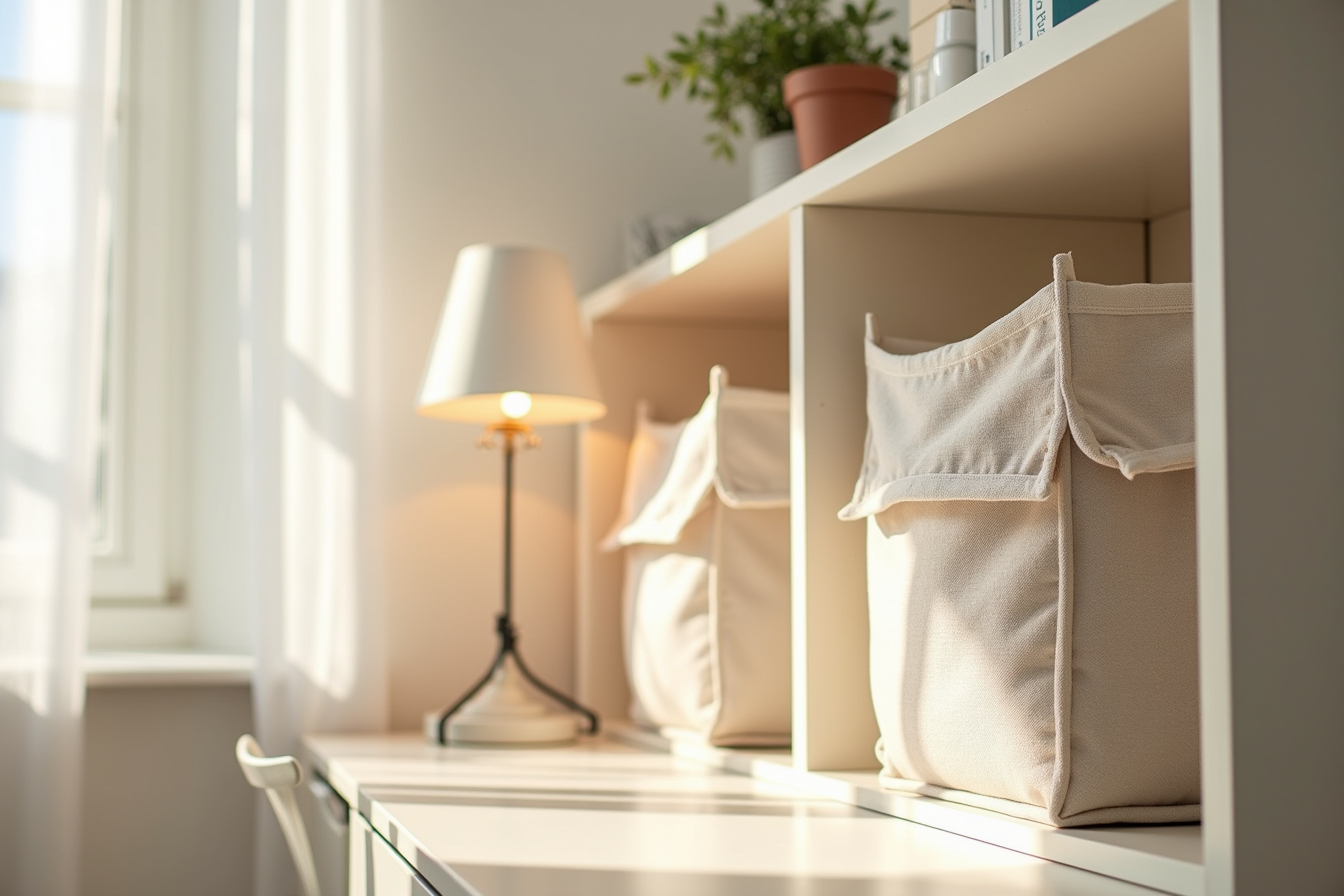 Three fabric storage cubes filled with rolled towels and supplies inside an open shelving unit.