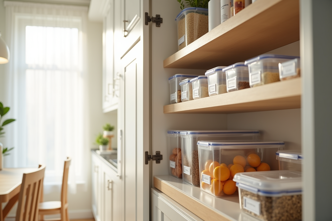 Clear stackable bins organized on refrigerator and pantry shelves displaying labeled food containers.