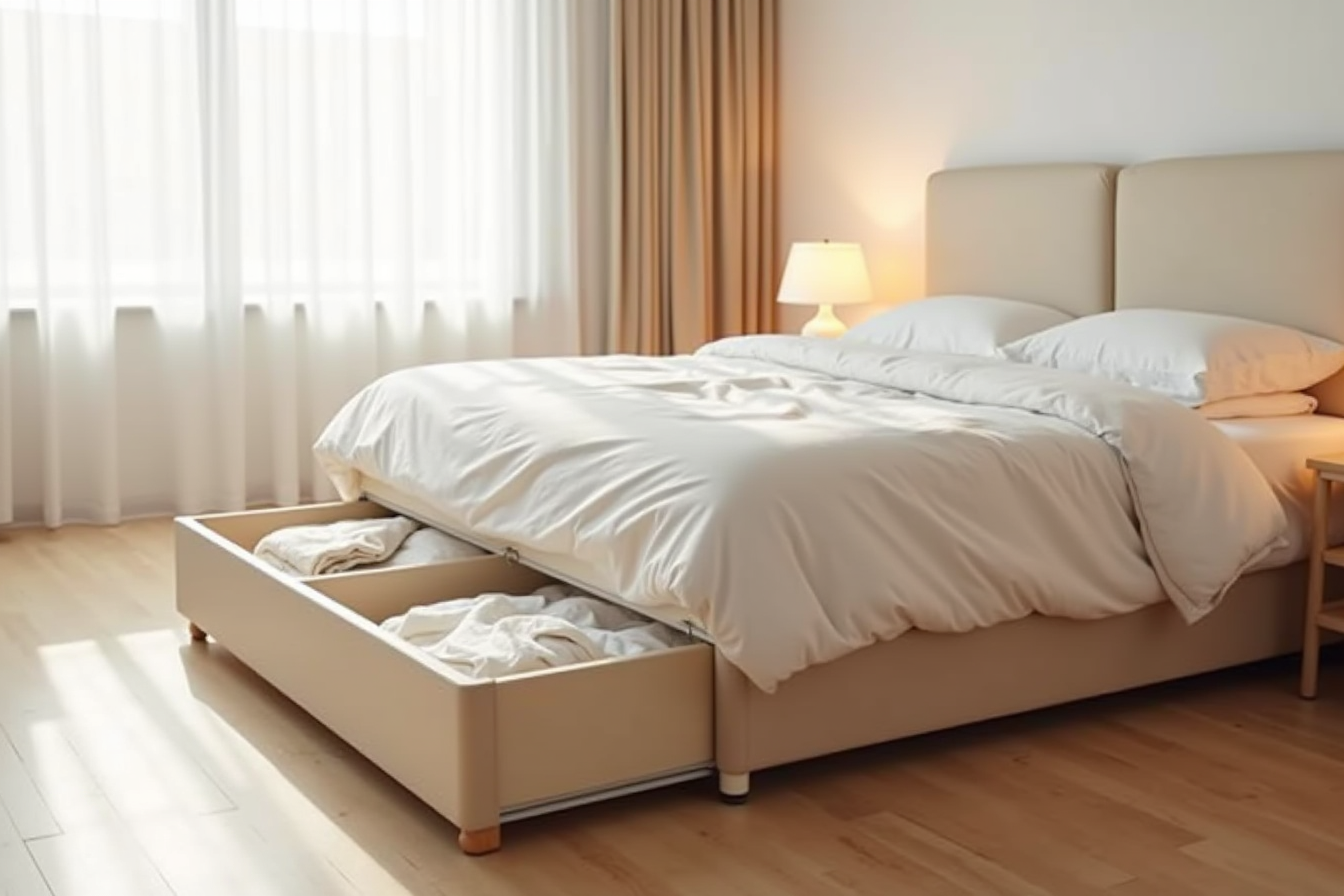 Flat storage container pulled partway out from under a bed revealing folded linens and clothing.