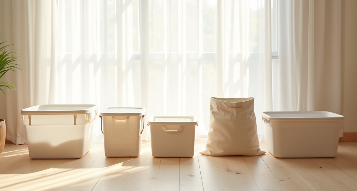 Five different storage bin styles arranged in a circle on a wooden floor.