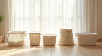 Five different storage bin styles arranged in a circle on a wooden floor.
