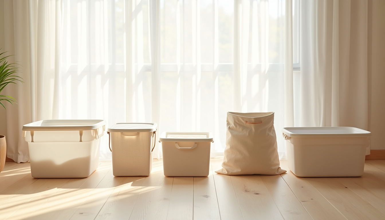 Five different storage bin styles arranged in a circle on a wooden floor.