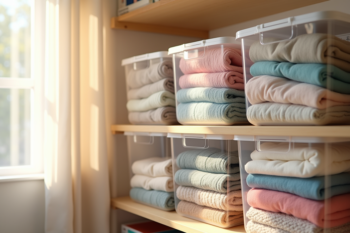 Six transparent bins stacked on a closet shelf containing sweaters, fabric scraps, and craft materials.