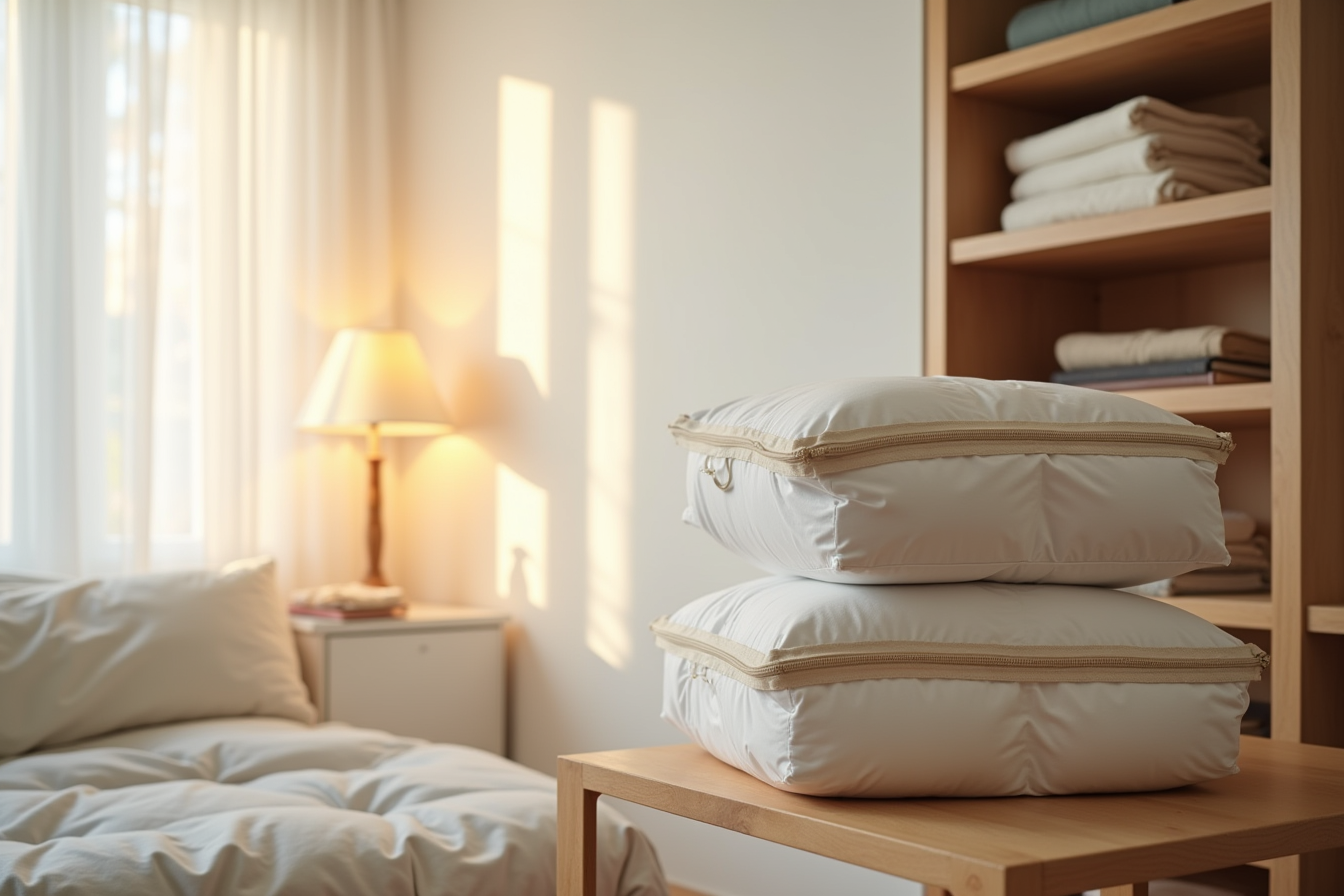 Two compressed storage bags stacked on a high closet shelf containing bedding and winter fabrics.