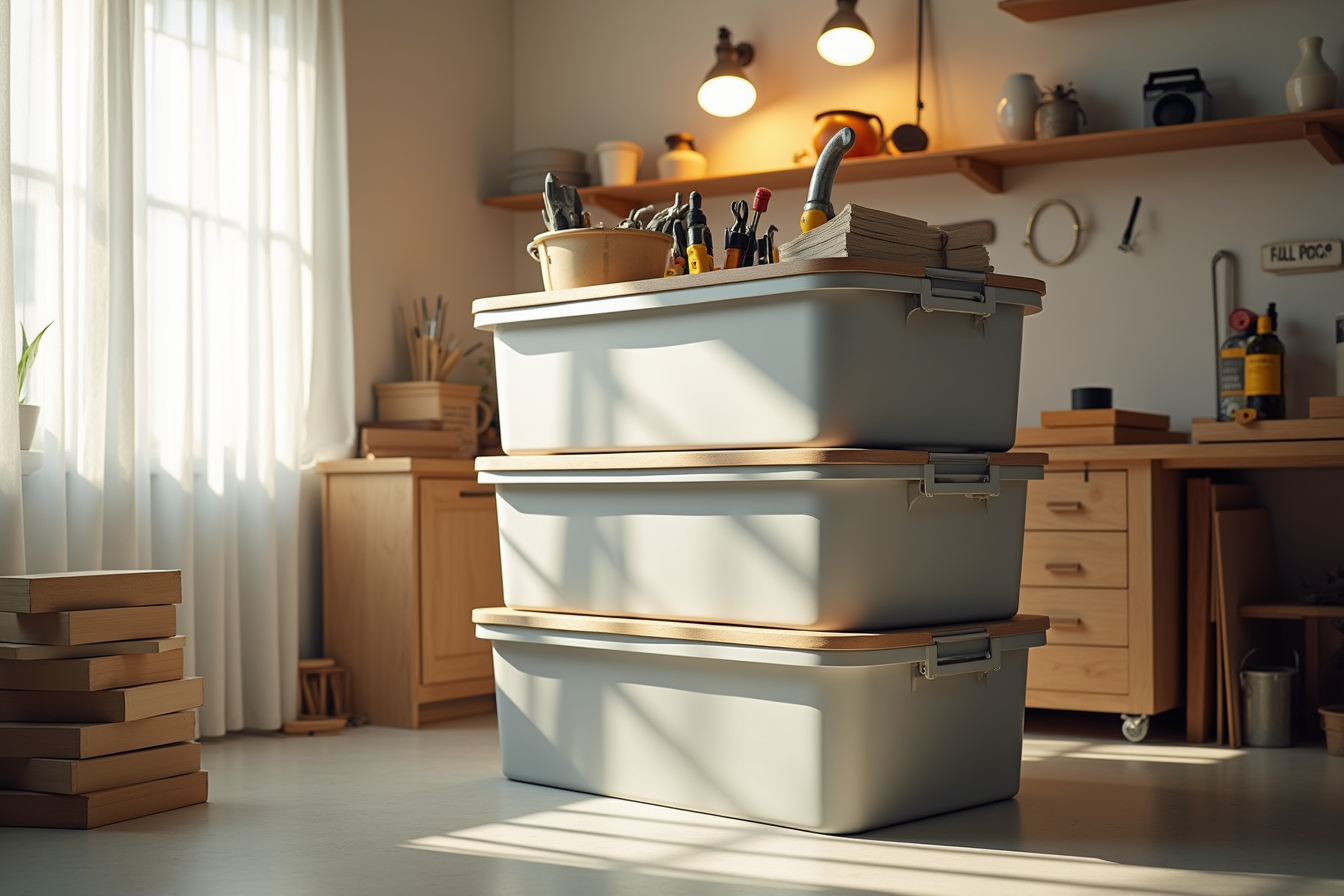 Three stacked storage bins in a garage workshop filled with visible tools, hardware, and supplies.